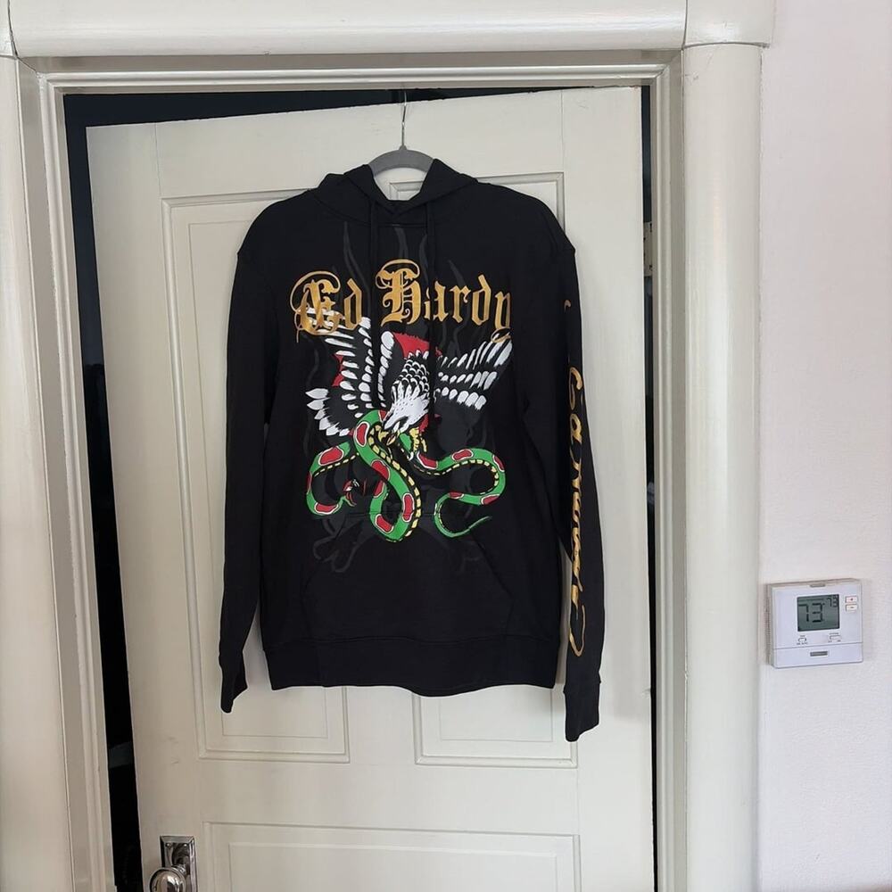 Ed Hardy Men's Eagle Snake Pullover Hoodie Y2K Tattoo Print Graphic Black
